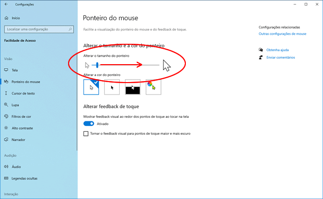Como alterar o tamanho do ponteiro do mouse no Windows 10