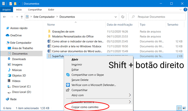 Como copiar o caminho completo de um arquivo no Windows